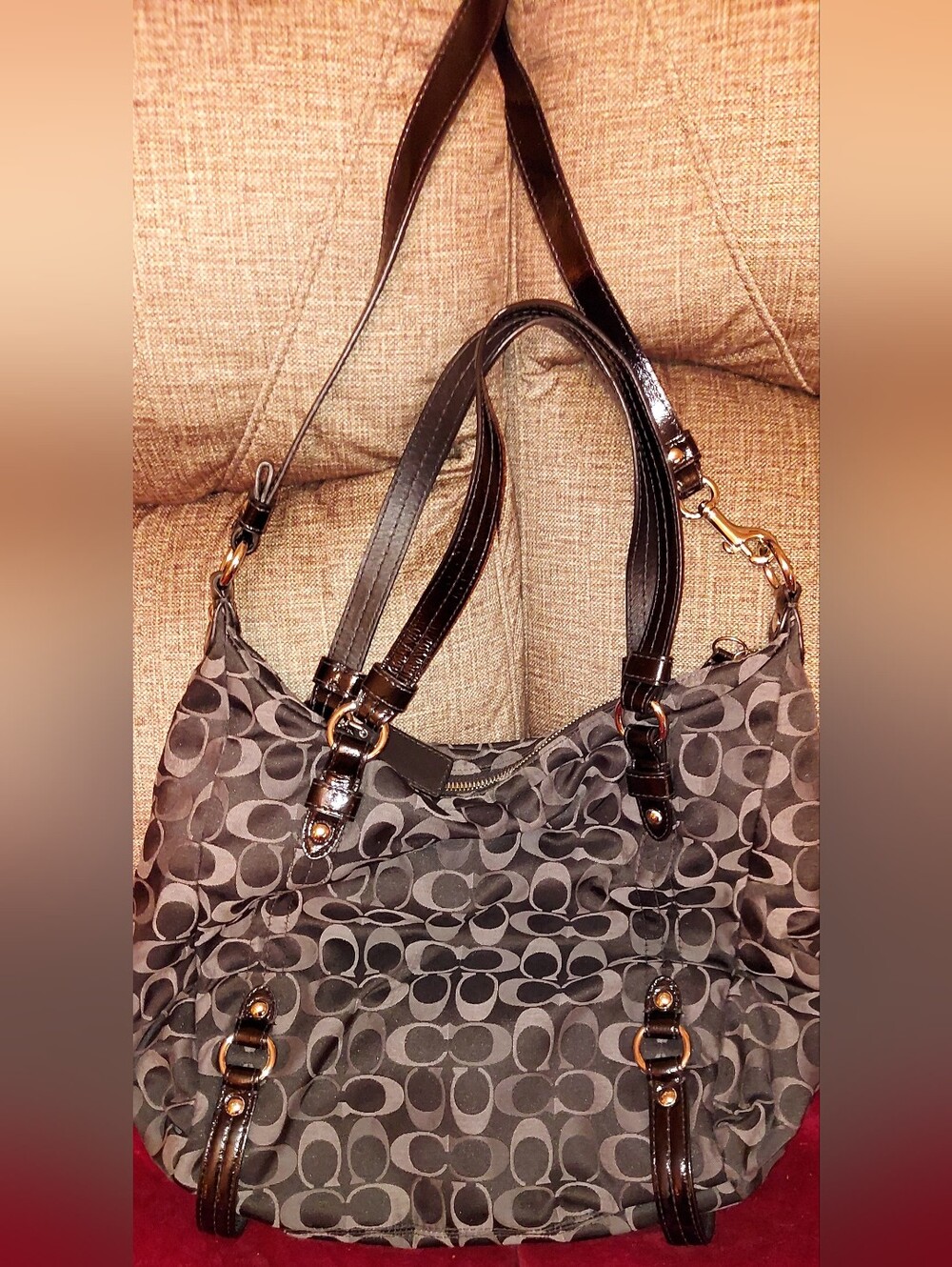 Coach Gray Signature 'C' Shoulder Bag with Dark Brown Trim